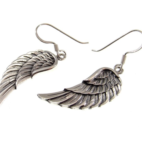 Handcrafted Solid 925 Sterling Silver Angel Wing Drop Dangle Hook Earrings - Picture 4 of 5
